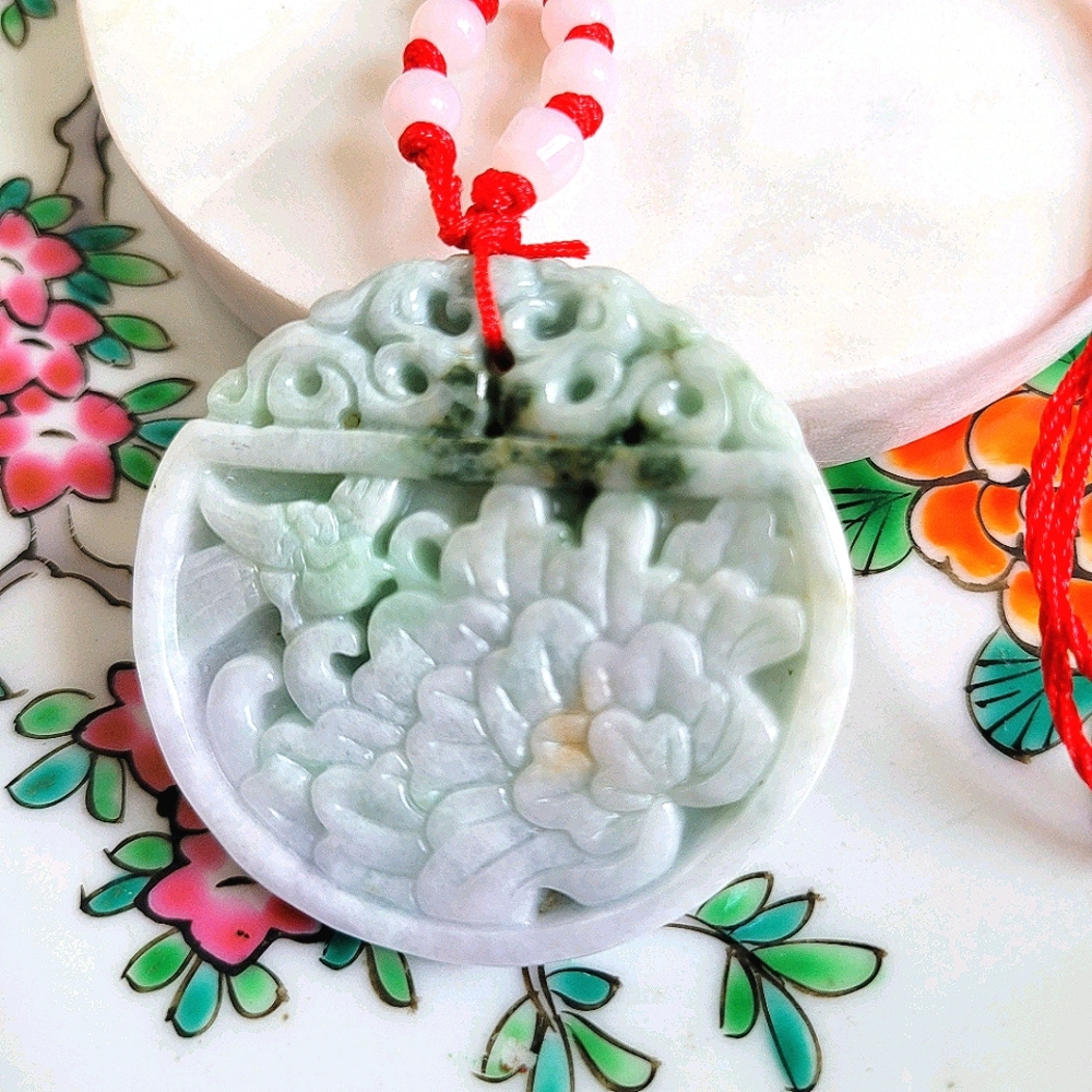 100% Cert'd Jade Jadeite Flowers & Bird Pendant NWT